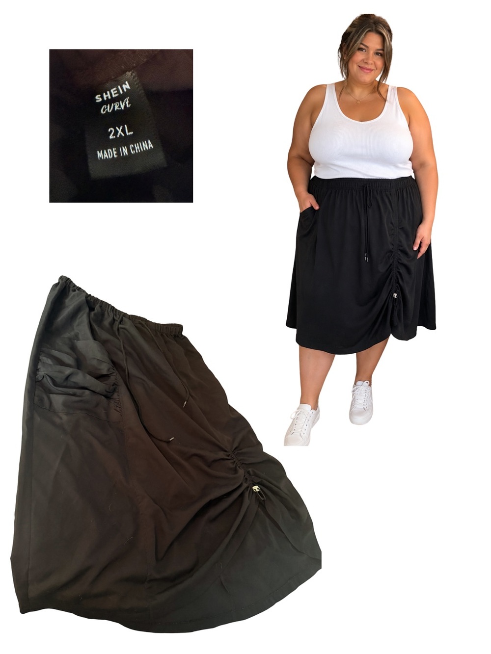 SHEIN Black Ruched Drawstring Midi Skirt